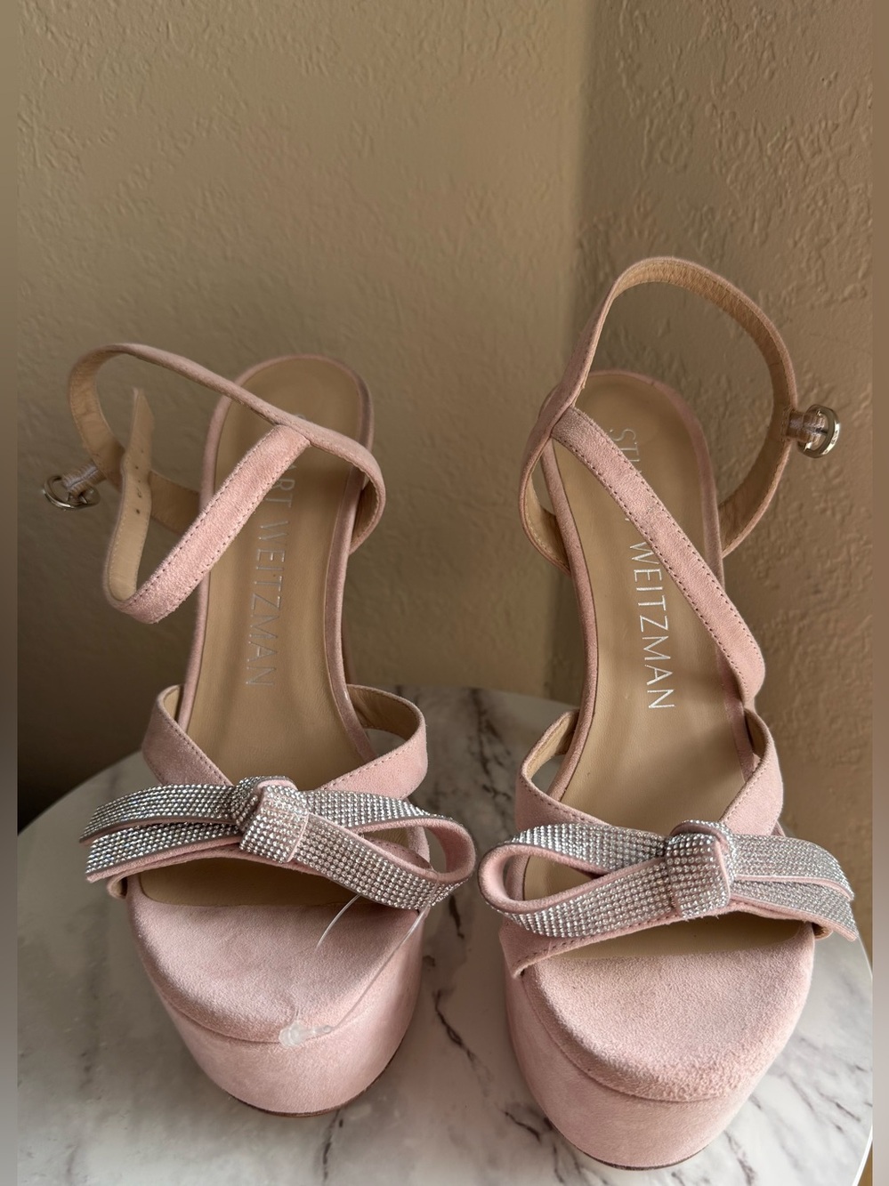 Stuart Weitzman Mega Bow Platform Heels Sandals crystal Pink suede Size 7 - Picture 5 of 16